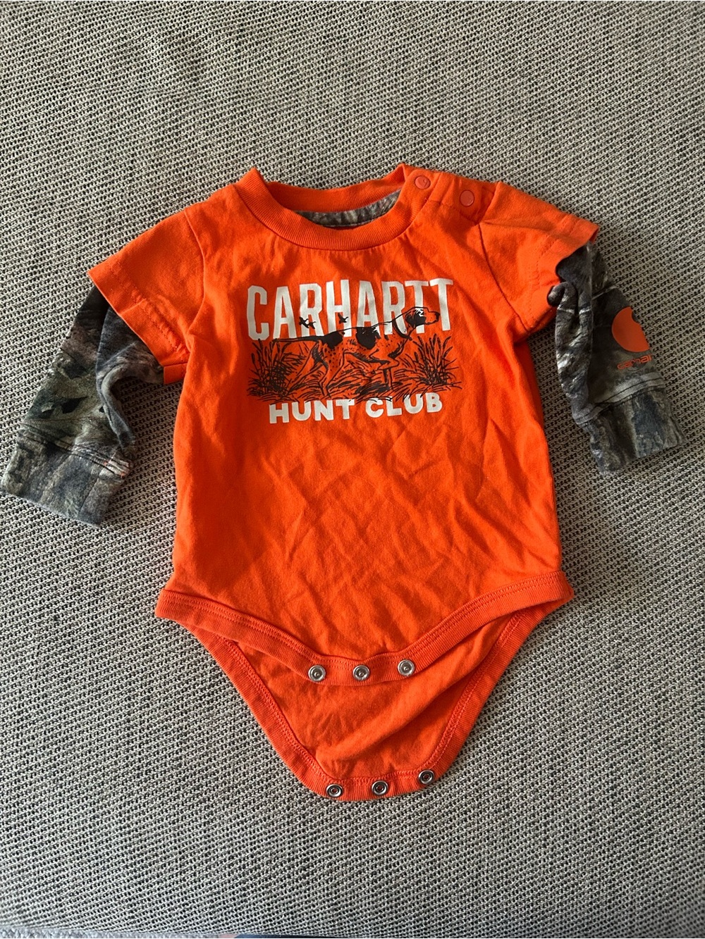 Carhartt Orange Baby One-Piece with Camo Sleeves